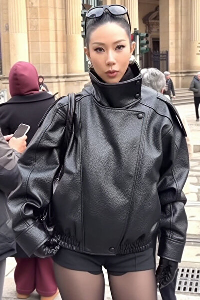 Ekim Store Black Patterned Stand Collar Oversized Leather Jacket