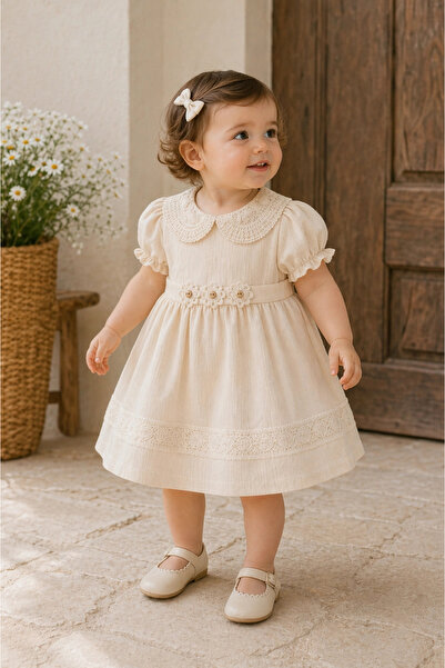 My Lusa baby wear Viena %100 Pamuk Vintage Dantel Yaka Kız Bebek Elbise 4227