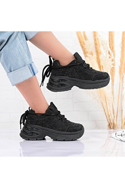Tmall Pantofi sport de damă, din piele, cu strasuri, D1446, negri