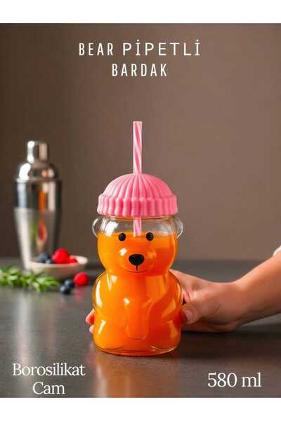 Herza House Bear Fenomen Barista Cam Bardak - Ayıcıklı Pipetli Matara Bardak