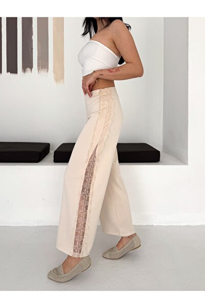 SBL COLLECTİON Γυναικείο παντελόνι Palazzo με ελαστική μέση και δαντέλα στα π...