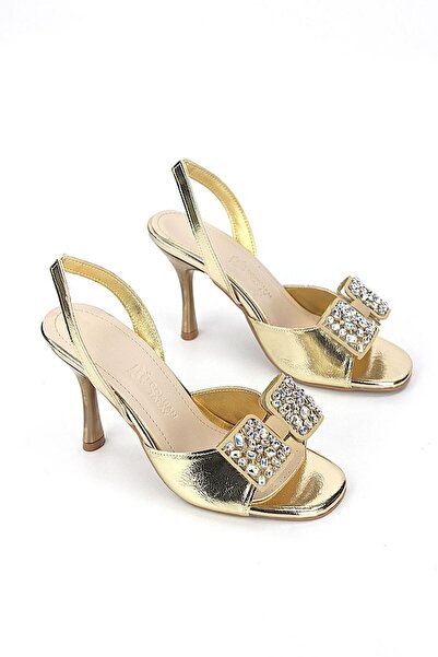 Lady Sunna Seravyner Dore Metalik Taşlı Toka Detaylı Slingback 8 Cm Orta Topuklu Kadın Ayakkabı
