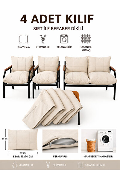 UFUK HOME Balkon Bahçe Takımı Minder Kılıfı 4’lü Set Krem 55x90 cm Fermuarlı ...