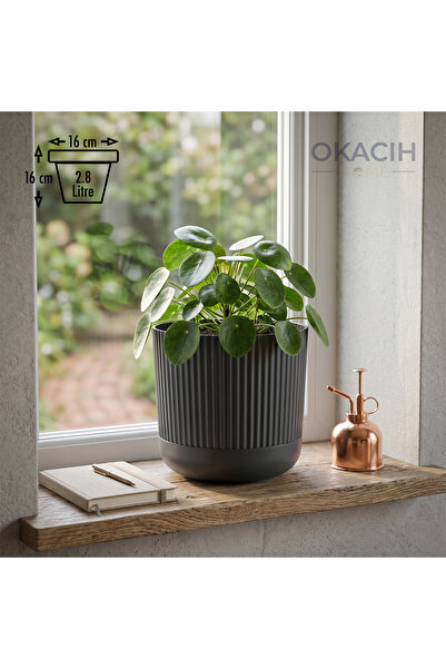 okacih Modern Ribbed Çizgili Saksı 16 cm 2.8 Litre Dekoratif İç Mekan Saksı