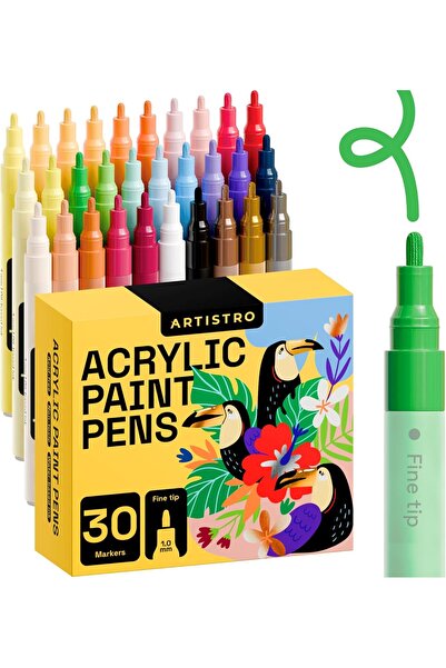 ARTISTRO Σετ 30 λεπτών ακρυλικών μαρκαδόρων 1mm, Πολύχρωμοι, για Ξύλο, Γυαλί,...