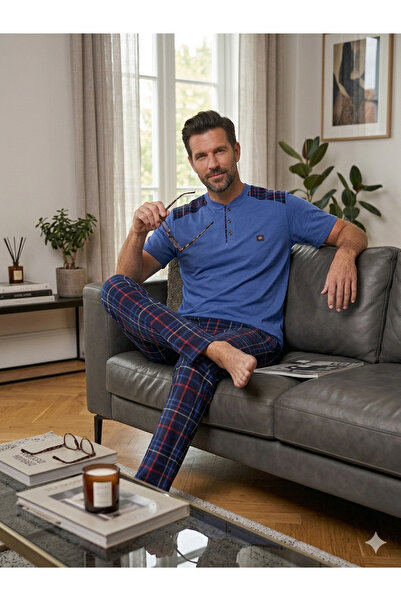 KAPİTEX Ανδρικό σετ πιτζάμες σε ναυτικό μπλε χρώμα, με κοντά μανίκια, καρό σχ...