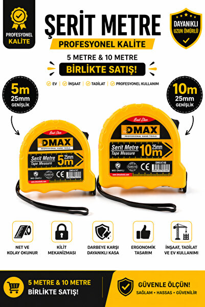 jehati DMAX Şerit Metre Seti 5m + 10m 25mm Profesyonel Ölçü Metre (2’li Set)