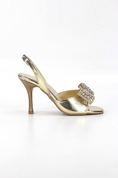 Lady Sunna Seravyner Dore Metalik Taşlı Toka Detaylı Slingback 8 Cm Orta Topuklu Kadın Ayakkabı