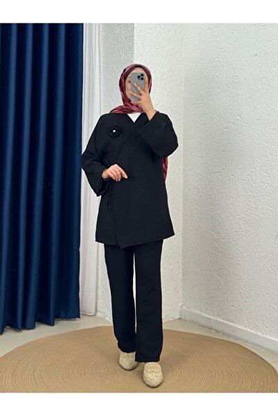 MİHRA STORE Cevher Σακάκι με Πλαϊνές Λωρίδες Gofre Τριπλό Σετ-MF1848 Μαύρο