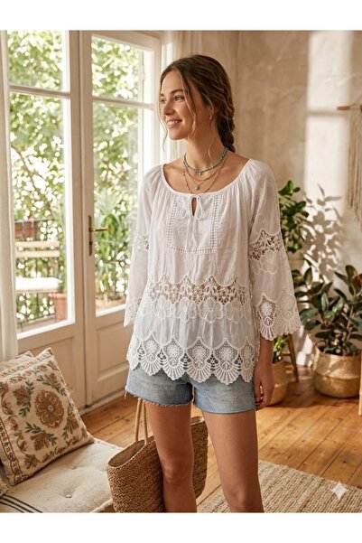 AYASOFYA OTANTIK Γυναικεία Ιταλική Λευκή Μεταξωτή Μπλούζα με Λεπτομέρειες από...