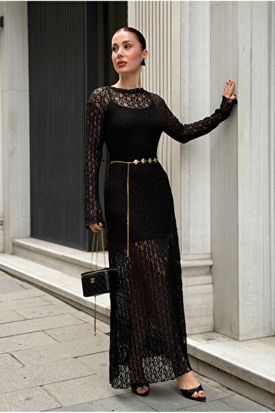 YK FASHION Dantelli Kemer Detaylı Elbise