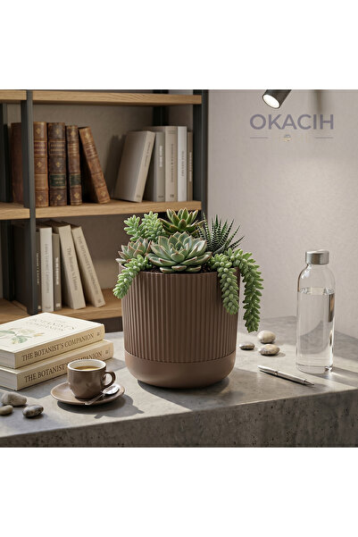 okacih Modern Ribbed Çizgili Saksı 18 cm 4 Litre Dekoratif İç Mekan Saksı