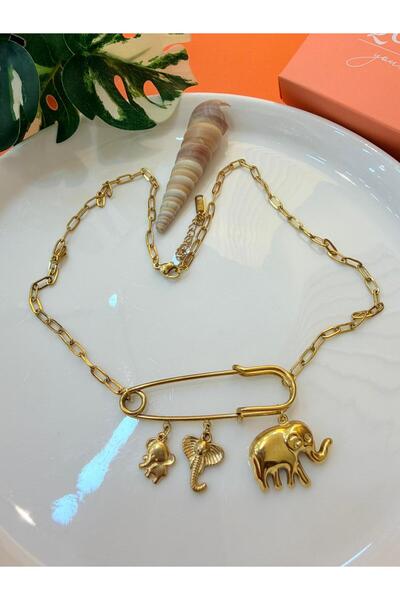 QUMLA ÇENGEL İĞNE FİL CHARMLI MAT ÇELİK KOLYE (BOY 40 +6 CM )