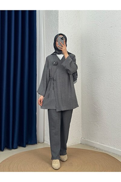 MİHRA STORE Cevher Σακάκι με Πλαϊνές Λωρίδες Gofre Τριπλό Σετ-MF1848 Ανθρακί