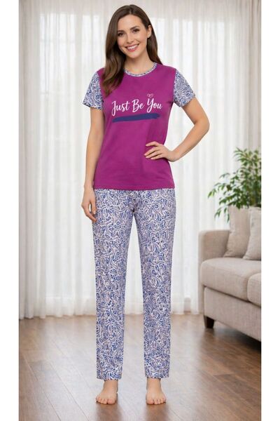 LM Kadın Baskılı Pamuklu Penye Alt-Üst Pijama Takımı