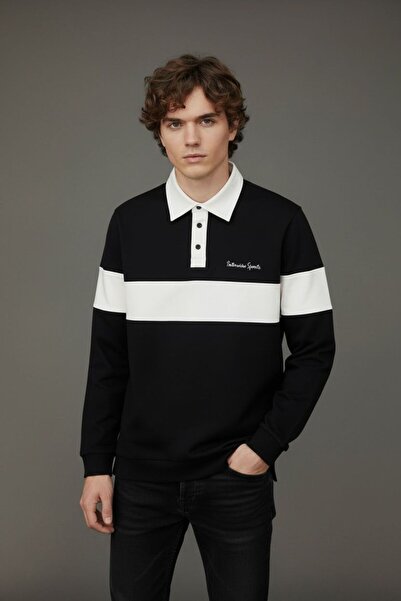 Sarar Φούτερ με κουμπωτό γιακά πόλο και συνδυασμό μαύρου εκρού χρώματος