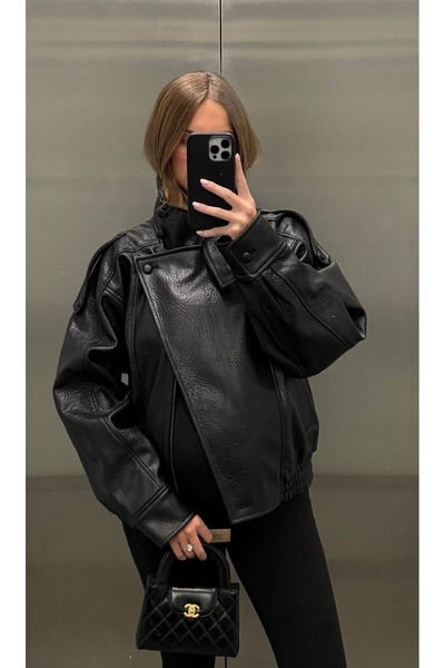Ekim Store Black Stand Collar Oversize Leather Jacket