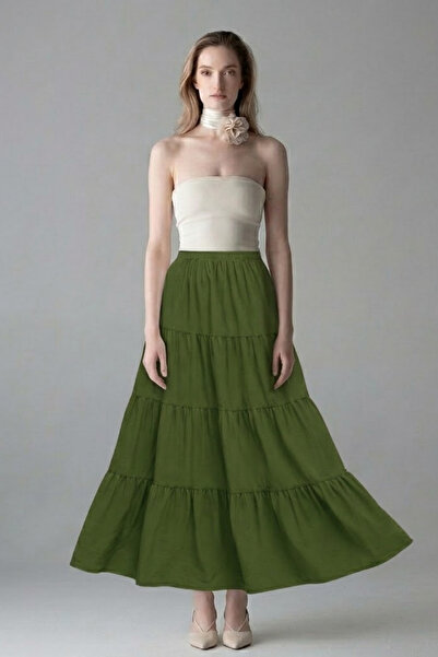 COMBİNE MİCHAİL Γυναικεία ελαστική μακριά φούστα χακί με ελαστική μέση