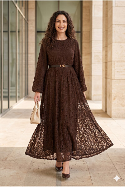 HANIMCA GİYİM ΚΑΛΟΚΑΙΡΙΝΟ ΜΑΚΡΥΜΑΝΙΚΟ ΦΟΡΕΜΑ ΜΕ ΔΑΝΤΕΛΕΣ ΛΕΠΤΟΜΕΡΕΙΕΣ ΚΑΙ ΖΩΝΗ