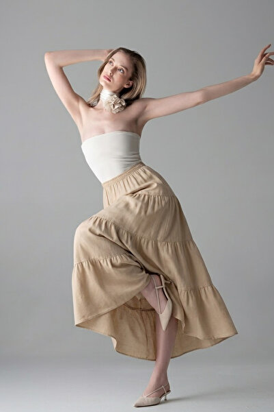 COMBİNE MİCHAİL Γυναικεία μπεζ μακριά φούστα με ελαστική μέση