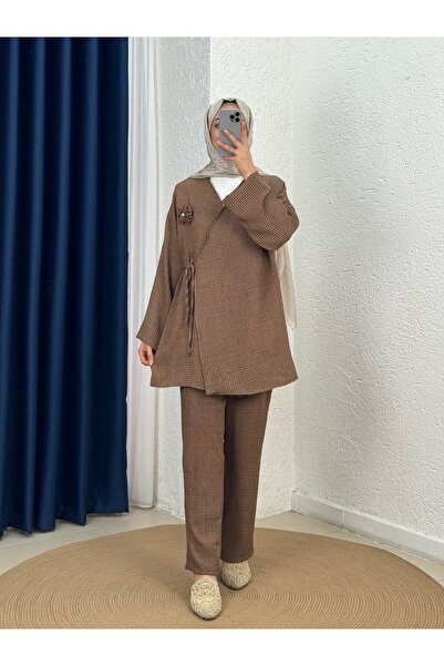 MİHRA STORE Cevher Σακάκι με Πλαϊνές Λωρίδες Gofre Τριπλό Σετ-MF1848 Καφέ