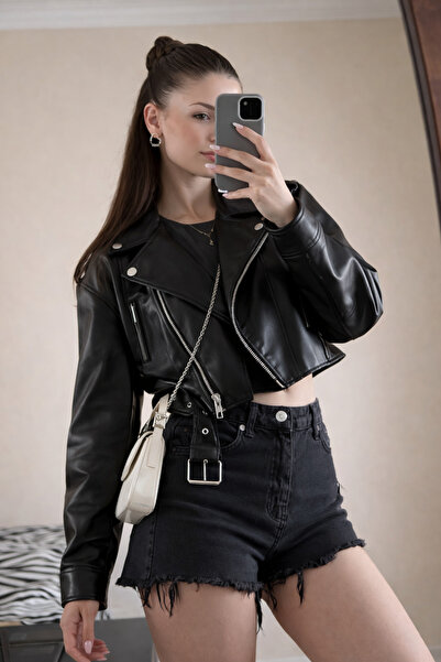 Ekim Store Black Belted Casual Cropped Leather Jacket