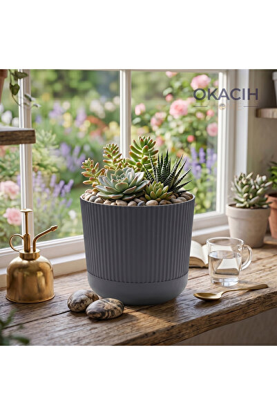 okacih Modern Ribbed Çizgili Saksı 18 cm 4 Litre Dekoratif İç Mekan Saksı