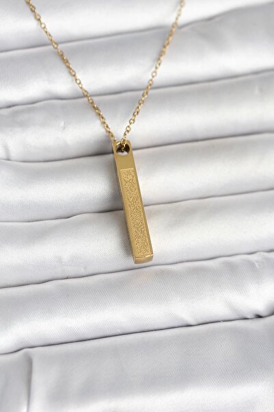 Hobibahçem 316L Steel Gold Color Ayetel Kürsi Written Bar Necklace