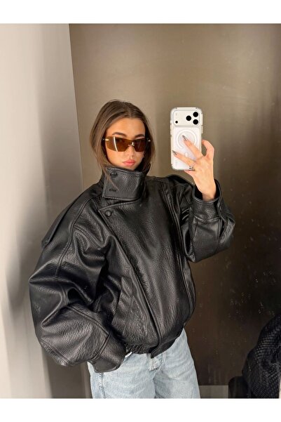 Ekim Store Black Patterned Oversized Leather Jacket