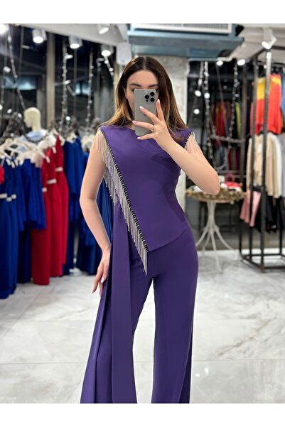 Empressco Tereza Yandan Bağlamalı Zincir Taş Detaylı Tulum-Mor