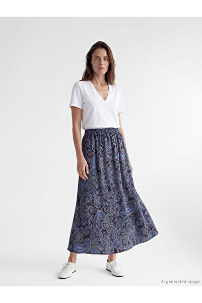 LC Waikiki Lcw Grace Navy Blue Patterned Belmando Flared Skirt with Elastic W...
