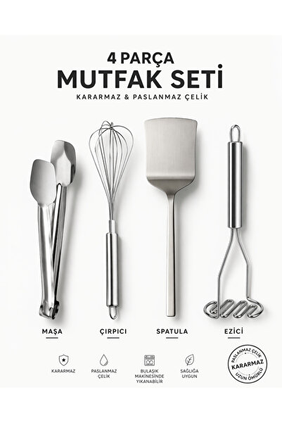 Birpa Her Yemeğe Yeter 4'lü Mutfak Seti Paslanmaz Çelik Maşa Çırpıcı Spatula ...