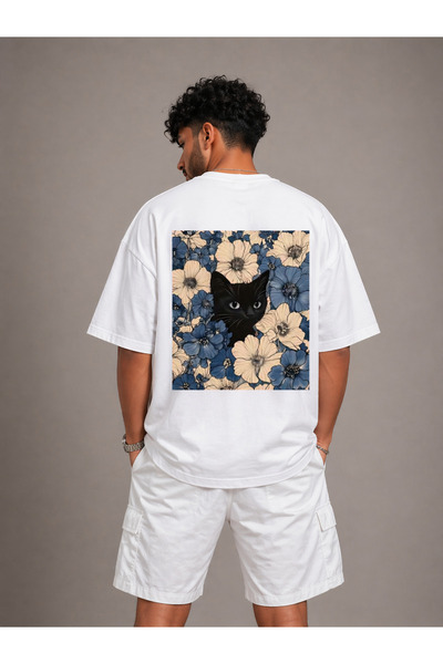 Nulivez Floral Black Cat Printed Oversize Unisex T-Shirt Vintage Streetwear C...