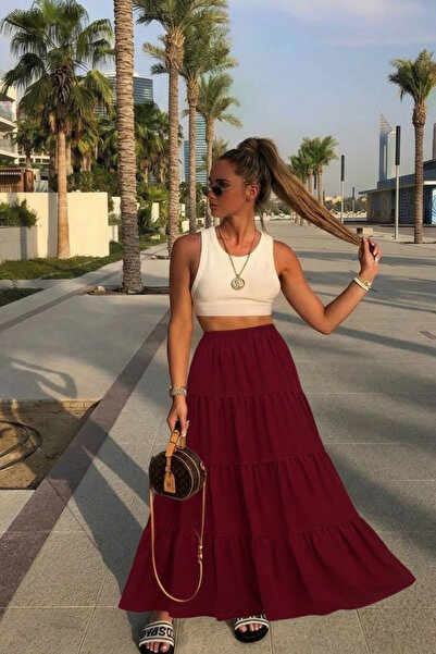 COMBİNE MİCHAİL Women's Summer Comfortable Burgundy Long Flared Skirt