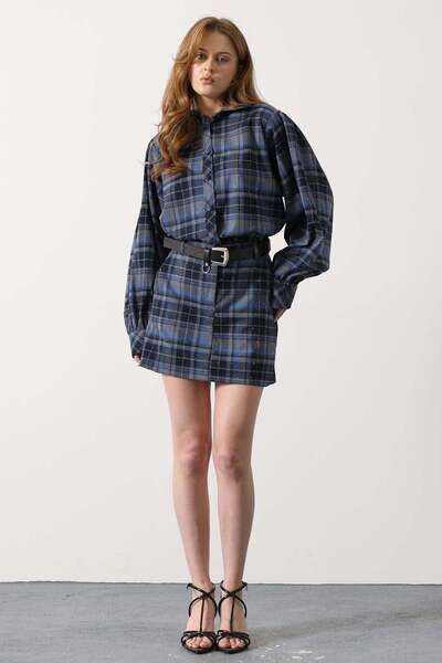 SHILSEE BEUTİQUE Women's Plaid Patterned Stone-Belted Skirt Shirt Set Navy Bl...