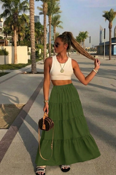 COMBİNE MİCHAİL Γυναικεία καλοκαιρινή άνετη χακί μακριά φούστα