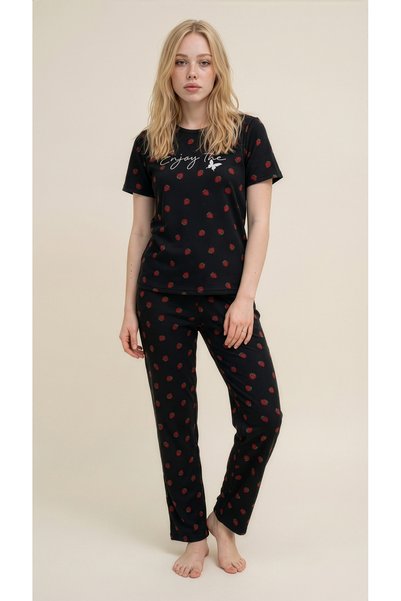 Arzey Black Strawberry Patterned Viscose Lycra Short Sleeve Pajama Set