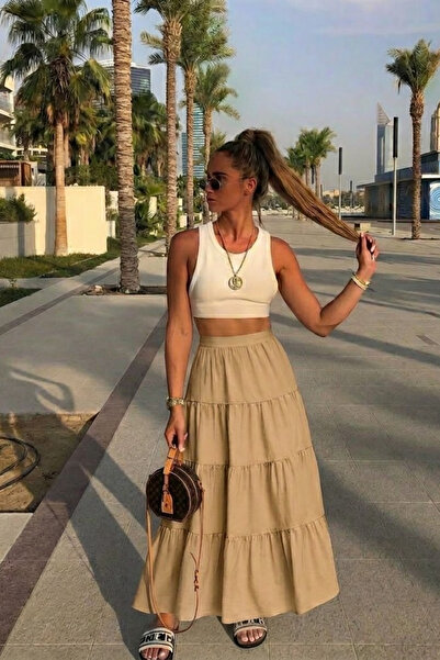 COMBİNE MİCHAİL Γυναικεία καλοκαιρινή άνετη μπεζ μακριά φούστα