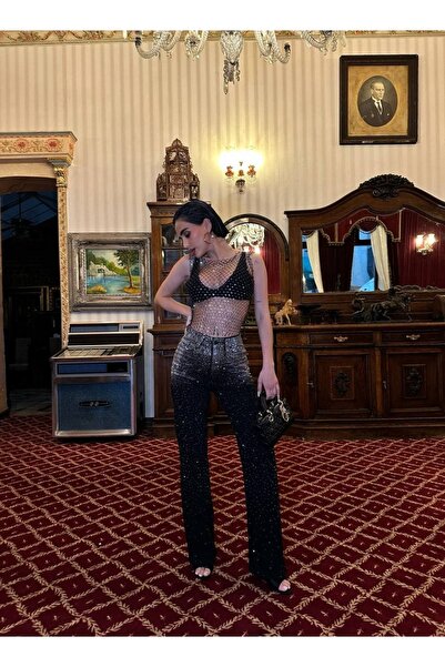 GLAMMOSS L'Atelier Μαύρη Ζώνη με Πέτρινη Λεπτομέρεια Palazzo Jean GLM-746