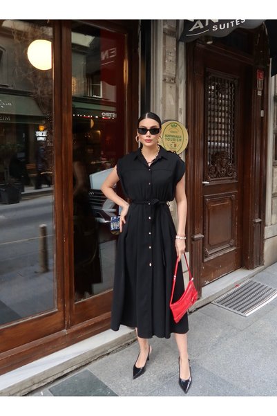 KECHİ WOMAN Crepe Fabric Buttoned Belted Dress