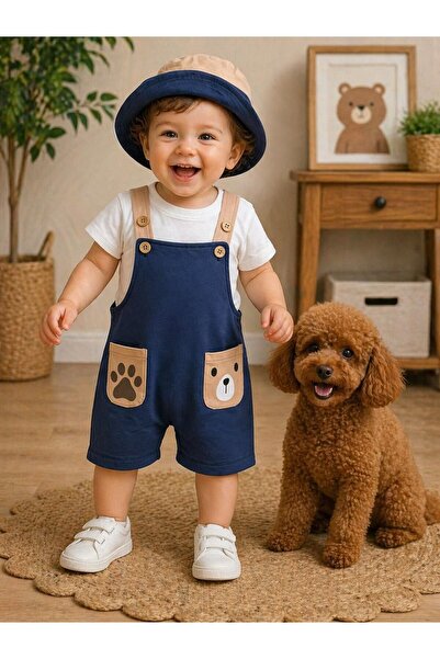 P&H BABYWEAR Ayıcık Pati Baskılı Safari Şapkalı Omuzdan Çıtçıtlı Badi 3’lü Er...