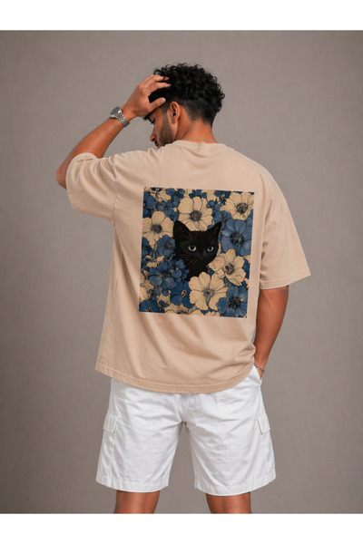 Nulivez Floral Black Cat Printed Oversize Unisex T-Shirt Vintage Streetwear C...