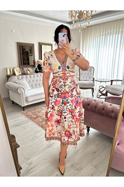 bussrabutik Çiçek desenli midi pamuk keten elbise