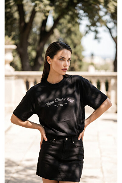 Amia&Co. Μαύρο Oversize Γυναικείο T-Shirt με στάμπα με λαιμόκοψη και κοντό μα...
