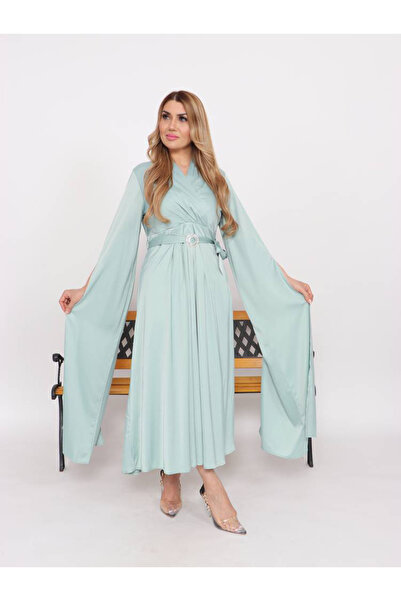 FIRST STYLE فستان ميدي باللون الفستقي تصميم لف بقصة أكمام أنيقة