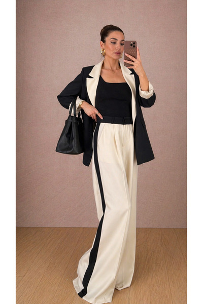 EFSUN MODA Γυναικείο Κοστούμι Μπλέιζερ με Γαρνιτούρα, Παντελόνι Μπρεμ, Μπουφά...