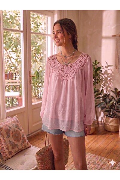 AYASOFYA OTANTIK Γυναικεία Ιταλική Ροζ Δαντελένια Μεταξωτή Μπλούζα με Γιακά