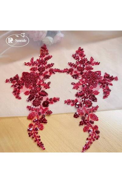 Choice7 Wine red 1Pair 17*33CM,10-color Beaded Sequin 3D Floral Mirror Appliq...