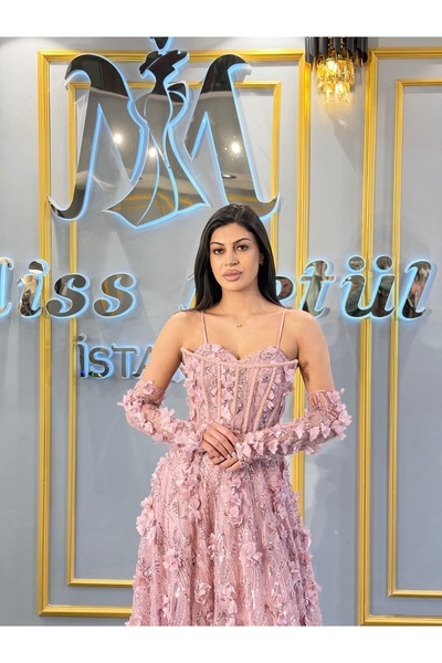 MissBetül Full Dantel Askılı Takma Kol Çiçekli Abiye Nişan Elbisesi