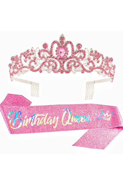 Choice1 طقم تاج وشاح ملكي وردي من قطعتين مرصع بأحجار الراين والكريستال اللامع...